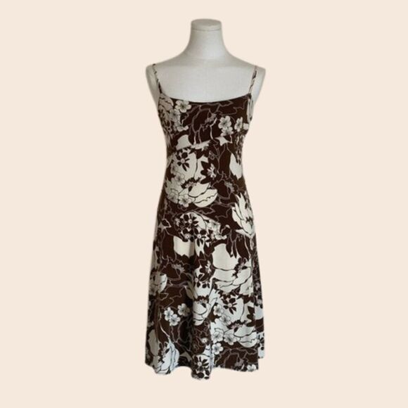 Vintage Dresses & Skirts - Vintage 00s Y2K BCBG MAXAZRIA Cream & Brown Tropical Floral Slip Dress Size S